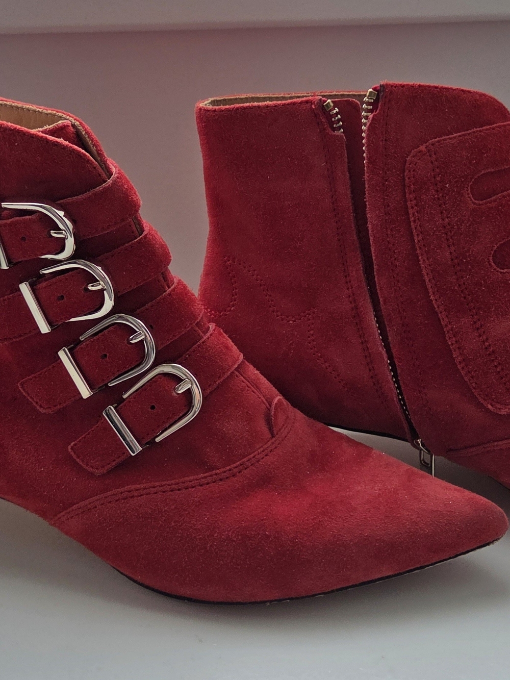 JOIE Red Suede Buckle Ankle Boots - Women 7.5